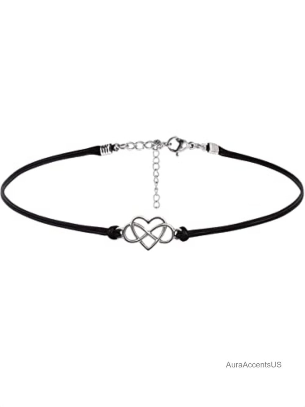 Black Infinity Heart Choker, Faux Leather Cord & Zinc Alloy, Adjustable 12.9 in